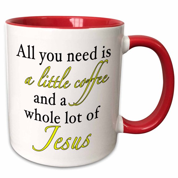 3drose, All You Need Is a Little Coffee an a Whole Lot of Jesus Yellow, 15oz Two-tone Red Mug