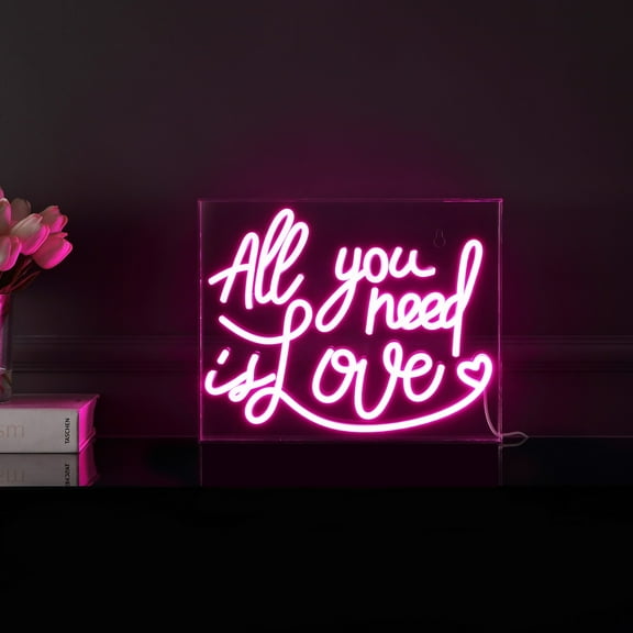 All You Need Is Love 13.7" X 10.9" Contemporary Glam Acrylic Box USB Operated LED Neon Light, Pink