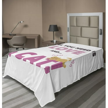 All You Need Is Love Flat Sheet, Retro Style Letters with Funny Happy Kitten with Heart Shapes, Soft Comfortable Top Sheet Decorative Bedding 1 Piece, 6 Sizes, Multicolor, by Ambesonne