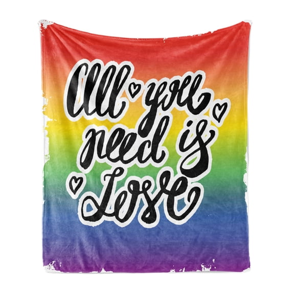 All You Need Is Love Soft Flannel Fleece Blanket, Gay Pride Slogan with Hand-written Lettering on Rainbow Spectrum Flag, Cozy Plush for Indoor and Outdoor Use, 50" x 60", Multicolor, by Ambesonne