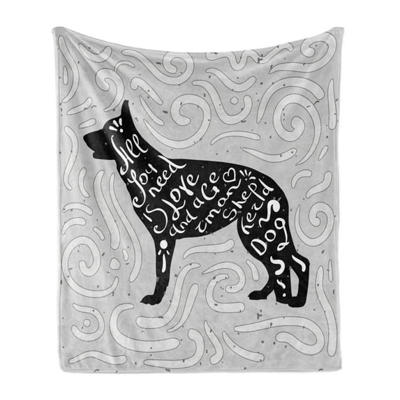 All You Need Is Love Soft Flannel Fleece Blanket, German Shepherd Dog Silhouette with the Phrase and Doodles, Cozy Plush for Indoor and Outdoor Use, 70" x 90", Pale Grey Black White, by Ambesonne