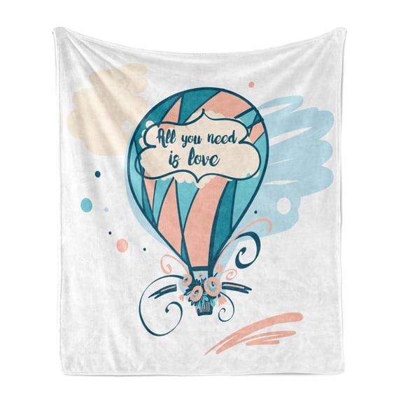All You Need Is Love Soft Flannel Fleece Throw Blanket, Hot Air Balloon in Pastel Color Shades with Flowers Valentines Text, Cozy Plush for Indoor and Outdoor Use, 60" x 80", Multicolor, by Ambesonne