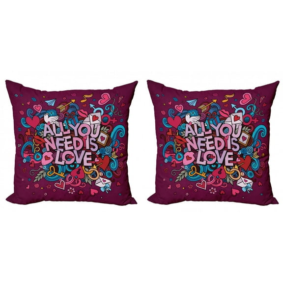 All You Need Is Love Throw Pillow Cushion Cover Pack of 2, Cartoon Styled Colorful Illustration with Various Doodle Elements, Zippered Double-Side Digital Print, 4 Sizes, Multicolor, by Ambesonne