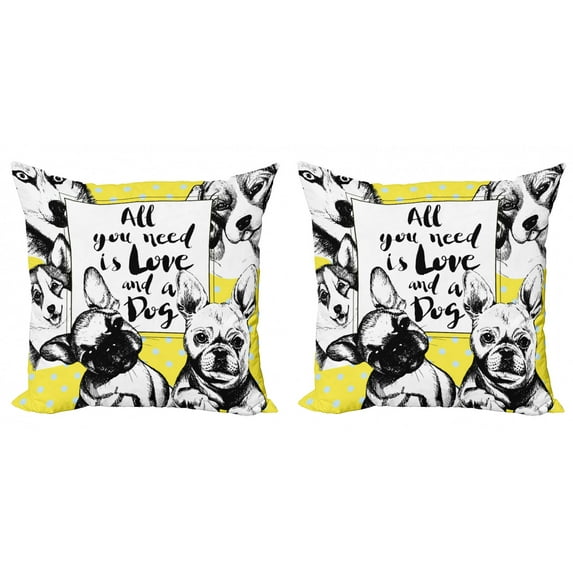 All You Need Is Love Throw Pillow Cushion Cover Pack of 2, Vintage Engraved Design on Yellow Polka Dot Backdrop, Zippered Double-Side Digital Print, 4 Sizes, Black White, by Ambesonne