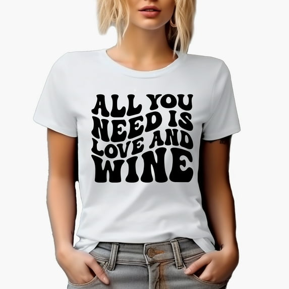 All You Need Is Love and Wine, Drinking Themed Quote, Groovy Retro Wavy Text Merch Gift, White T-Shirt, Small