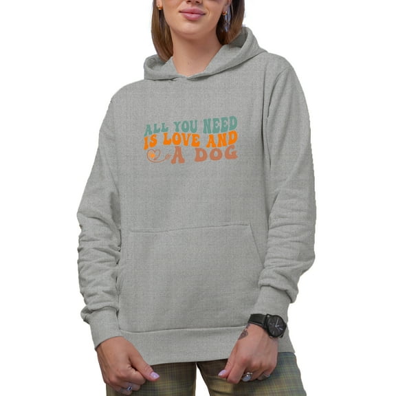 All You Need Is Love and a Dog Quote, Groovy Retro Wavy Text Merch Gift, Heather Grey Hooded Sweatshirt or Hoodie, Small