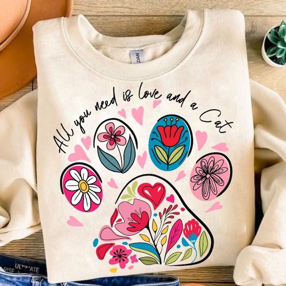 All You Need is Love and a Cat Shirt, Cat Mama Sweatshirt, Cat Paw Floral Shirt, Cat Mom Shirt, Cat Lover Shirt, Cat Mom Shirt