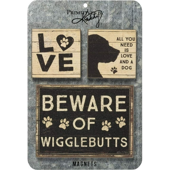 Primitives by Kathy 39363 Distressed Black and White Magnet Set, Set of 3, And A Dog