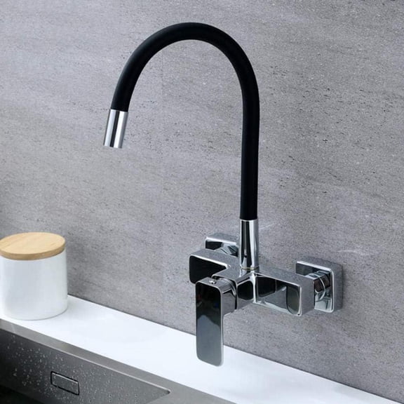 All-copper, single-handle double-hole, black, wall mount kitchen faucets, sink-bathroom laundry pool, hot and cold water faucet, universal swivel-Black handle down