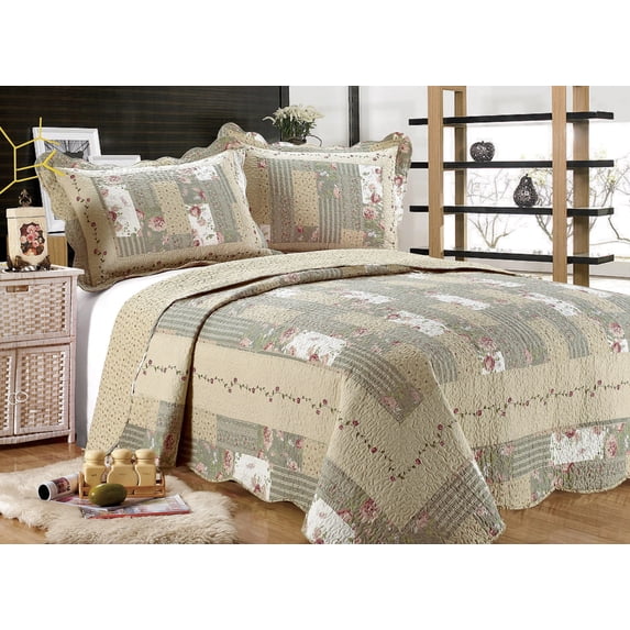 All for You 3pc Reversible Quilt Set, Bedspread, or Coverlet with Patchwork Prints ( Oversized King/California King 110"x120" )