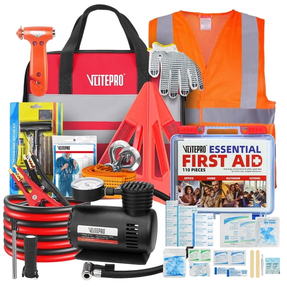 All-in-1 Car Emergency Safety Kit with Air Compressor, Jumper Cables, Tow Strap & First Aid Supplies