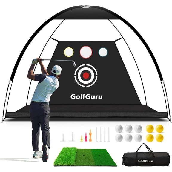 All in 1 Golf Practice Net - 10x7ft Tri-Turf Mat, Impact Target, 10 Balls, 7 Tees, Carry Bag for Backyard Driving Chipping Indoor