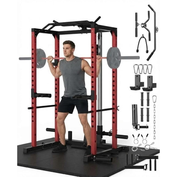 Studyset All-in-1 Power Cage with Pulley System,1200LBS Multi-Functional Squat Rack for Home Gym,Weight Cage Includes LAT Pulldown,Dip Bars and More Attachments,Strength Training Equipment