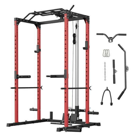 All-in-1 Power Cage with Pulley System,1200LBS Multi-Functional Squat Rack for Home Gym,Weight Cage Includes LAT Pulldown,Dip Bars and More Attachments,Strength Training Equipment
