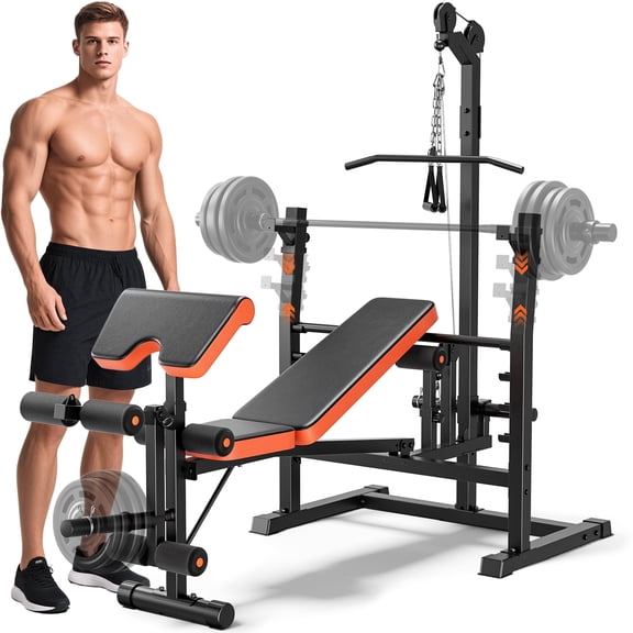 All-in-One 10-in-1 Home Gym Weight Bench with Lat Pulldown & Squat Rack for Full Body Workouts