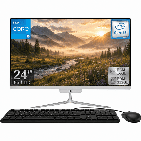 All-in-One 24" FHD Desktop PC, Intel Core i5, 16GB RAM 512GB SSD, Webcam, Bluetooth & Wi-Fi, Windows 10, White with Wired Keyboard & Mouse
