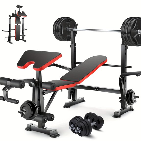 All-in-One 3-in-1 Fast Folding Home Gym Workout Bench Set with Squat Rack, Adjustable Bench, Leg Developer, and Preacher Curl Pad for Professional Full Body Strength Training