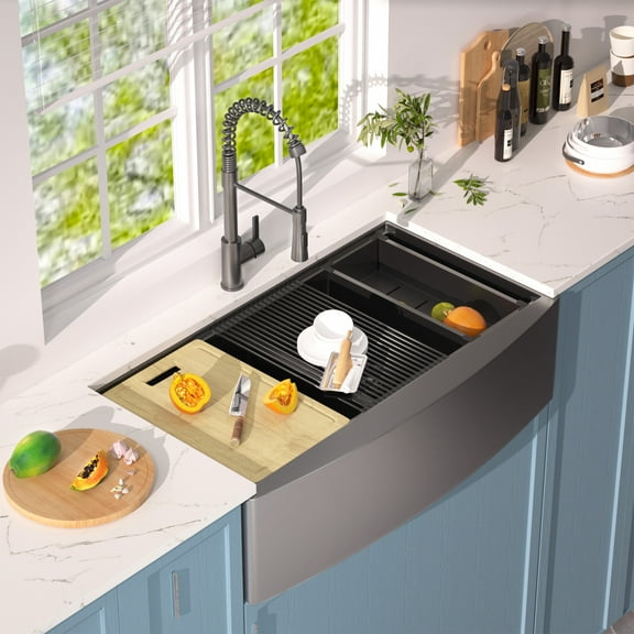 All in One 36 in Gunmetal Black Stainless Steel Double Bowl 50/50 Farmhouse Kitchen Workstation Sink with Black Faucet