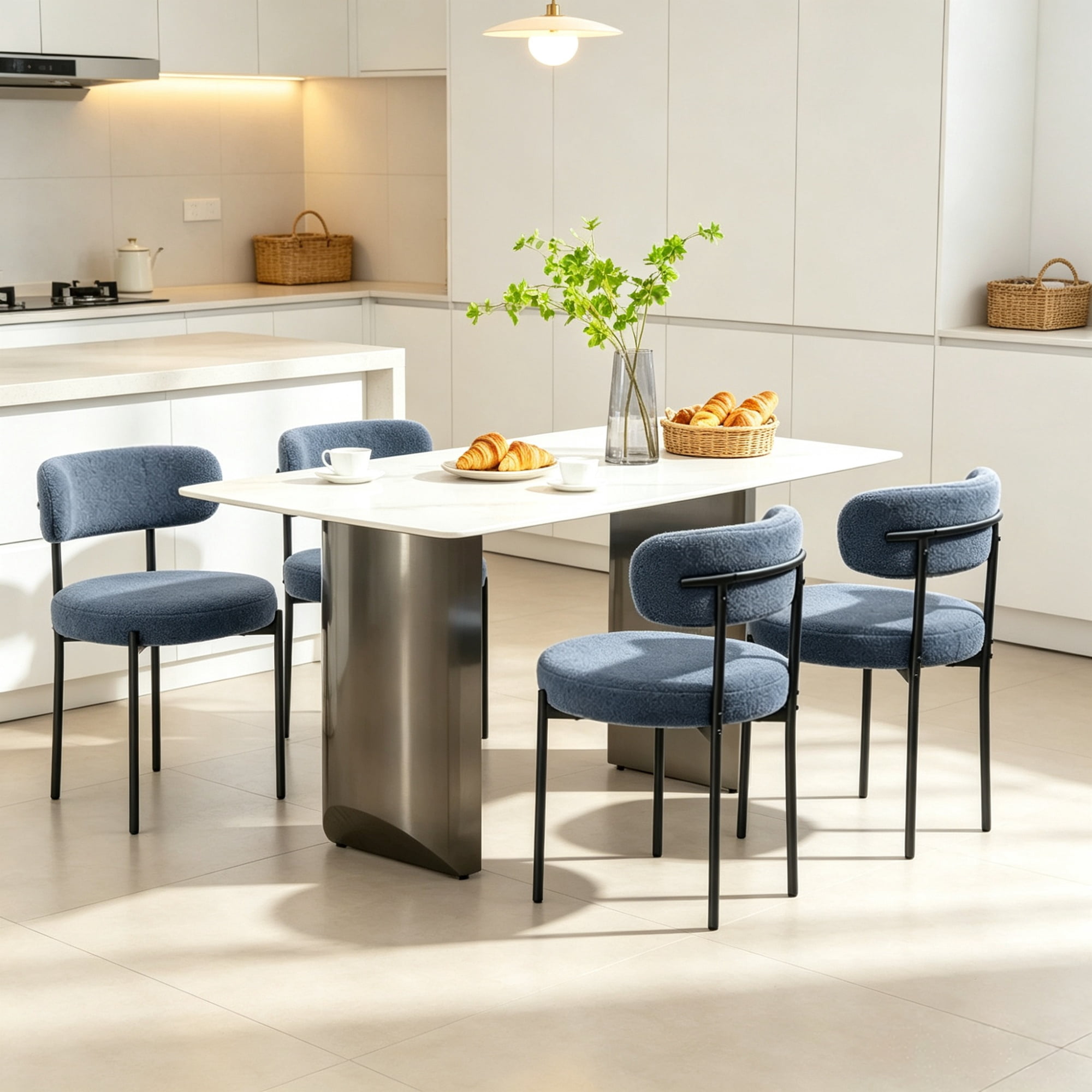 All-in-One 4-Piece Modern Round Upholstered Kitchen Chairs, Curved Backrest, Soft Thick Cushion Dining Set, Gray（Only chairs）