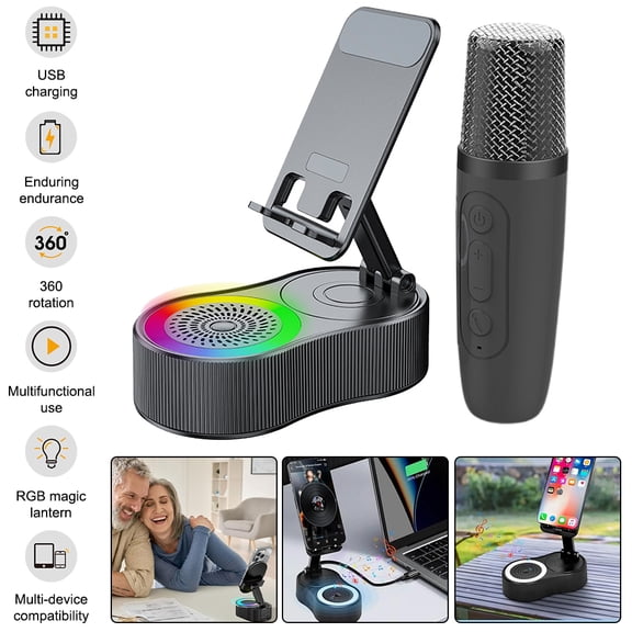 All-in-One 5 Functions Bluetooth Speaker Phone Stand, 360 Rotatable Foldable Adjustable Phone Mount, RGB Dynamic Light HIFI Stereo Sound Wireless Speaker with Type-C & USB Port Emergency Charging