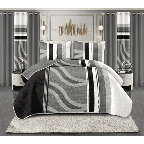 All-in-One 9-Piece Bedspread & Curtain Set, Super Soft for Year-Round Comfort, Fits Twin/Queen/King/Cal King Bedroom (Charcoal Black Wave Pattern,Twin)