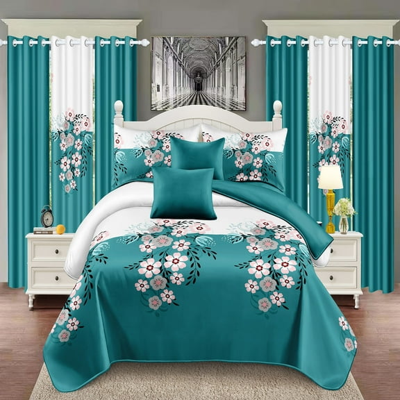 All-in-One 9-Piece Bedspread & Curtain Set, Super Soft for Year-Round Comfort, Fits Queen/King/Cal King Bedroom (Red Floral, Queen 86*87 in)