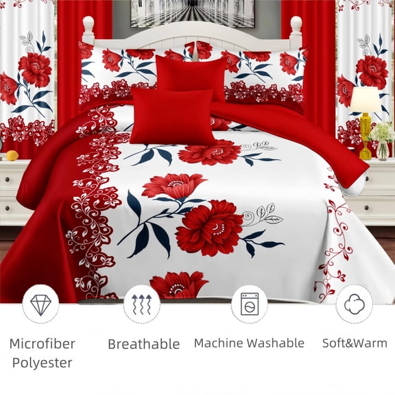 All-in-One 9-Piece Bedspread & Curtain Set, Super Soft for Year-Round Comfort, Queen/King/Cal King Bedroom (Red Sunflower, Queen)