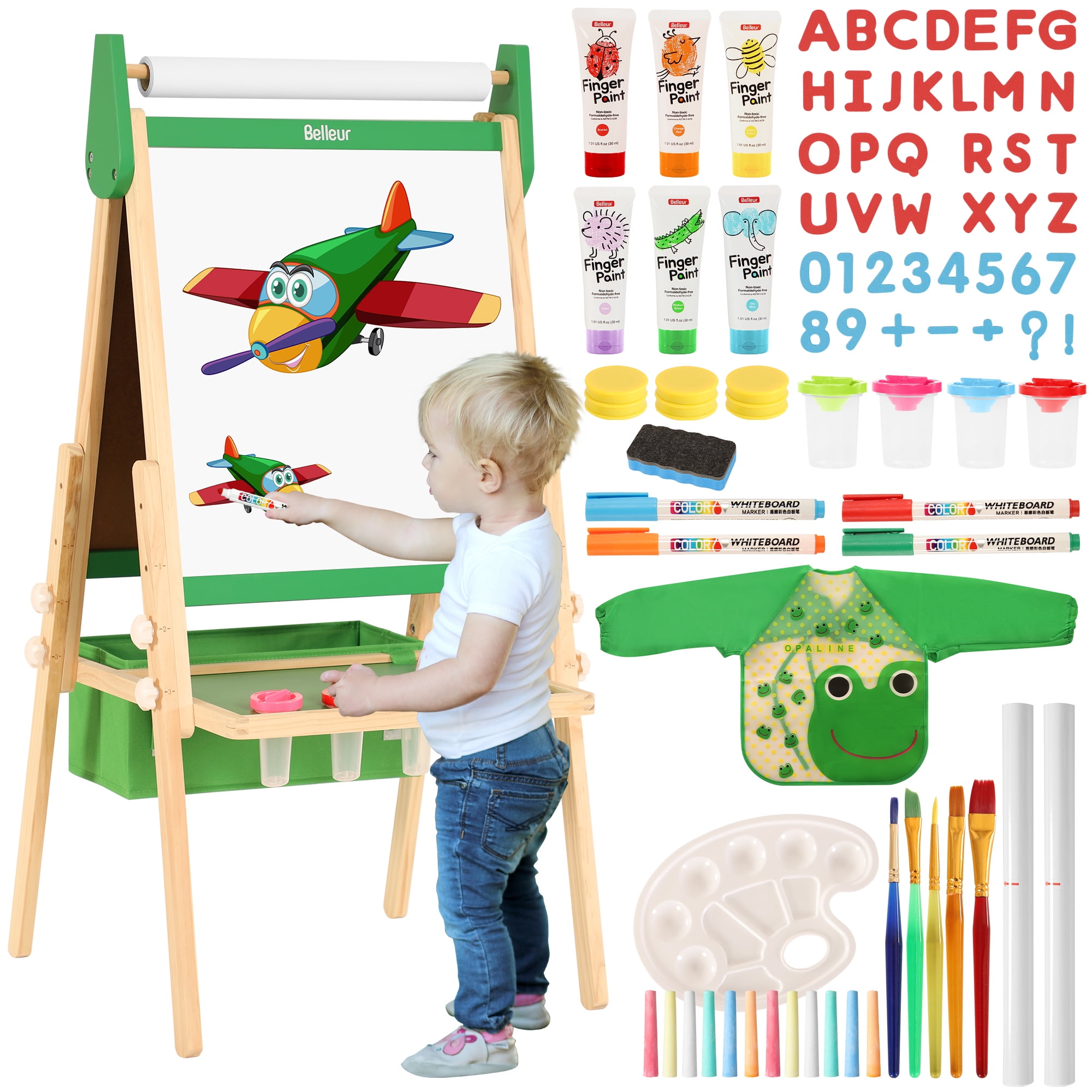 Belleur All-in-One Art Easel for Toddlers 2-8 with 2 Paper Rolls & Deluxe Accessories- Green