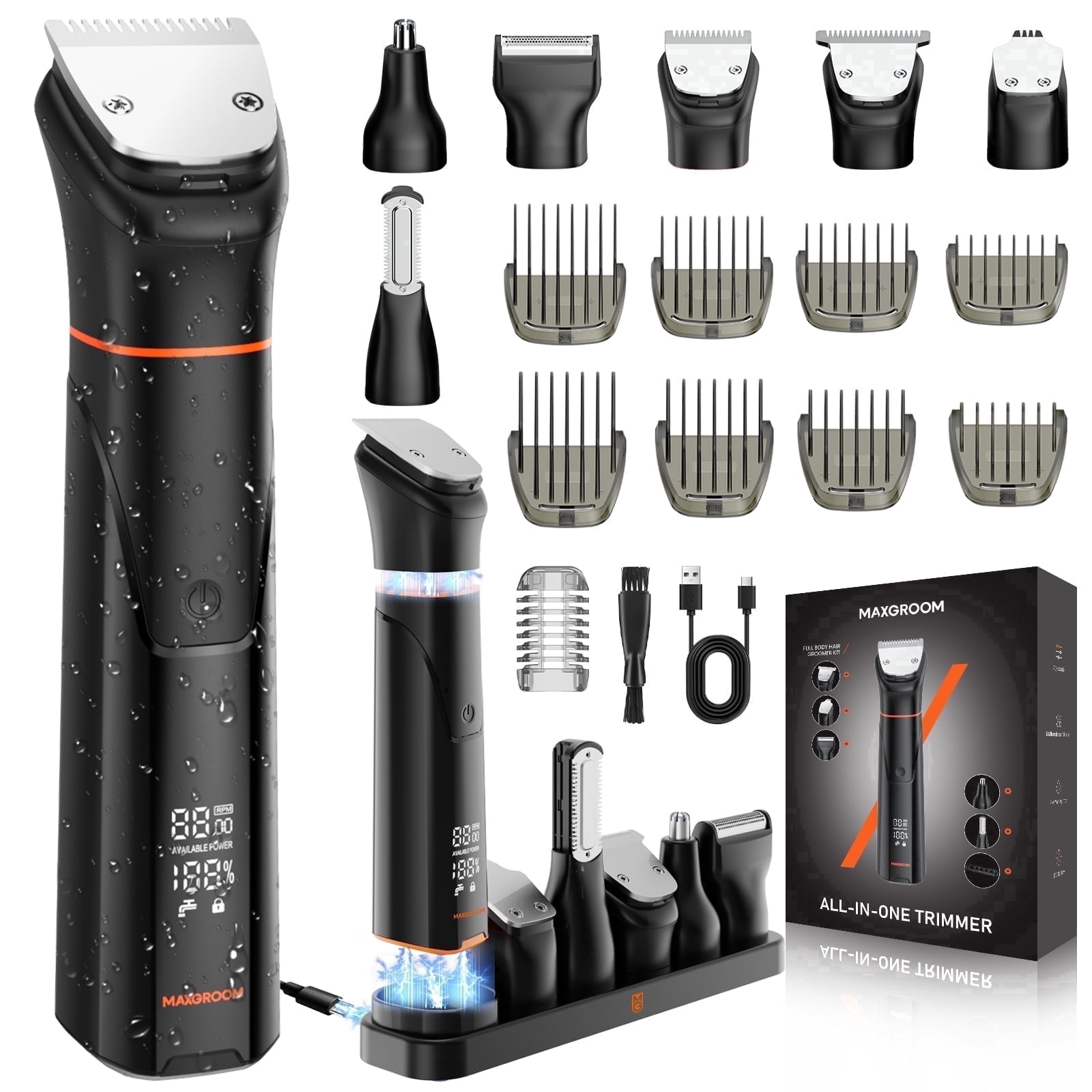 Manscape All-in-One Beard Trimmer for Men, Dual-Speed Electric Waterproof Razor Shaver for Mustache, Facial, Beard Styler, Mens Beard Grooming Kit with LED Display, Type-C Rechargable, Charging Dock