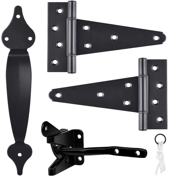 All-in-One Black Gate Hardware Kit, Self-Locking Gate Latch + 6 Inch T-Strap Hinges + 10 Inch Pull Handle, Hardware Set for Wooden & Vinyl Garden, Farm and Shed Gates