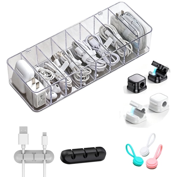 All-in-One Cable Management Kit, Desk Cord Organizer Box & Wire Clips Straps 15Pcs