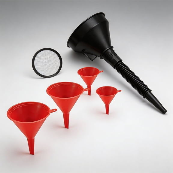 All-in-One Car Oil Funnel Set, Large Wide Mouth Funnel with Detachable Flexible Bendable Hose & Mesh Filter Screen, 4 Pack Nested Red PP Funnels