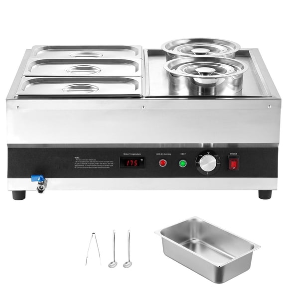 All-in-One Commercial Warming Station with Two 8 Quart Soup Kettles and Three 4 Quart Bain Marie Pans, Perfect for Soups, Sauces, and Sides