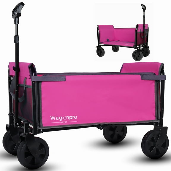 All-in-One Convertible Folding Wagon Cart with Bench Seat and Dog Leash, Heavy Duty Utility Trolley with All Terrain Wheels, Lightweight Shopping Cart for Beach, Garden, Camping, Sport, Pink
