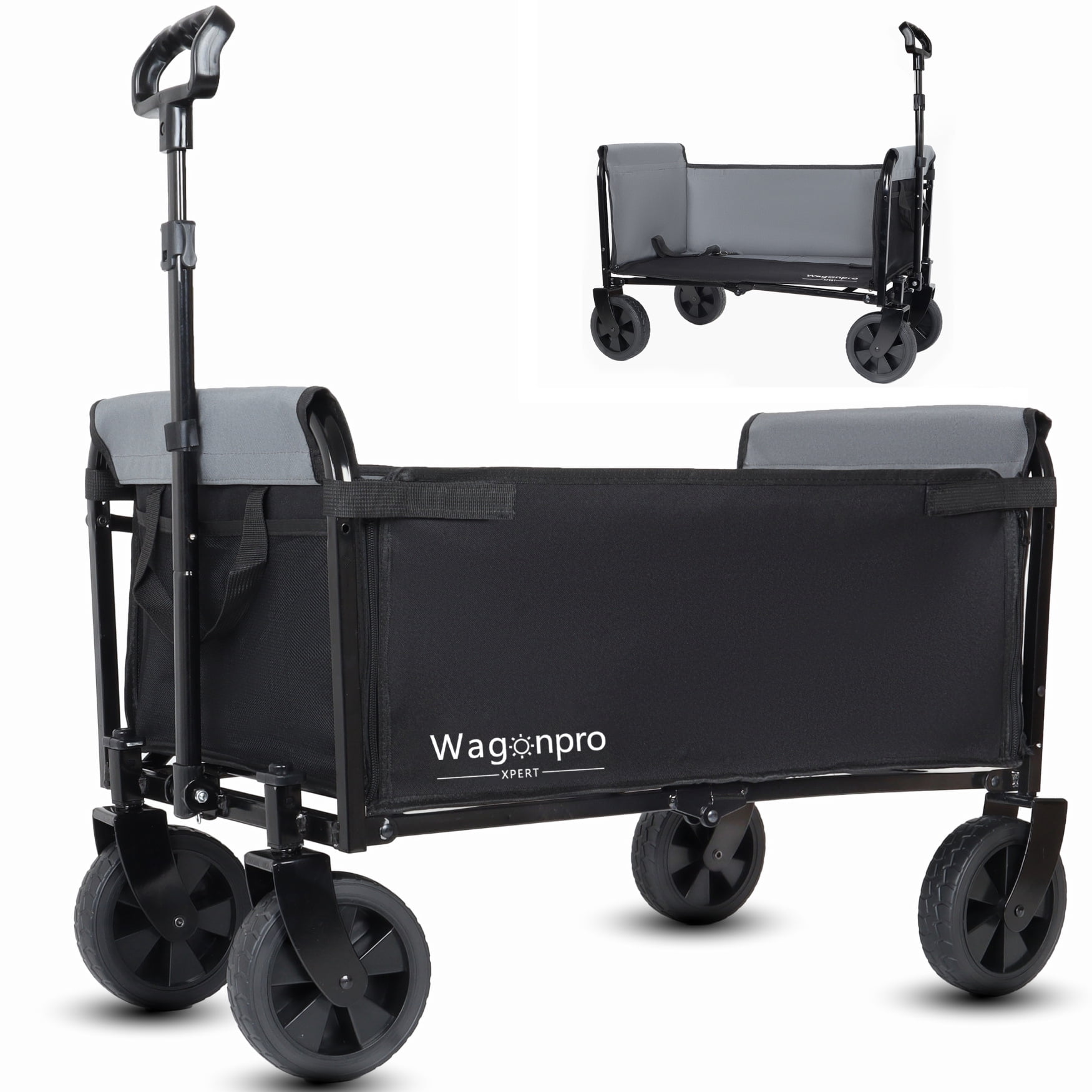 All-in-One Convertible Folding Wagon Cart with Bench Seat and Dog Leash, Heavy Duty Utility Trolley with All Terrain Wheels, Lightweight Shopping Cart for Beach, Garden, Camping, Sport, Black