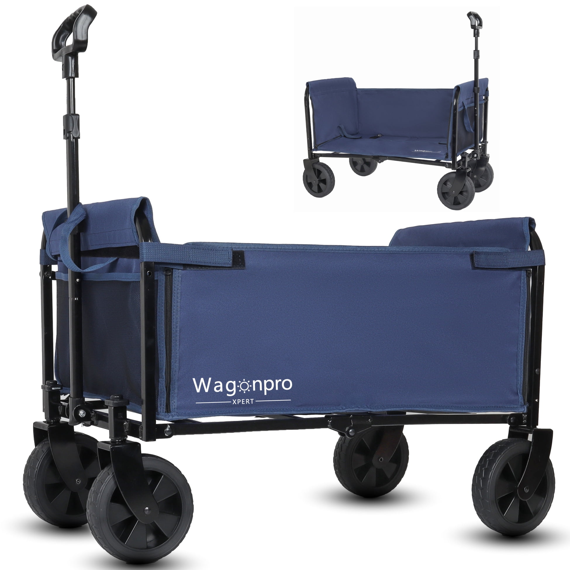 All-in-One Convertible Folding Wagon Cart with Bench Seat and Dog Leash, Heavy Duty Utility Trolley with All Terrain Wheels, Lightweight Shopping Cart for Beach, Garden, Camping, Sport, Dark Blue