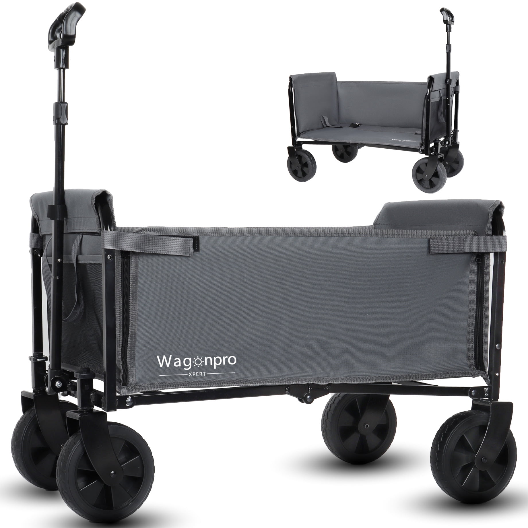 All-in-One Convertible Folding Wagon Cart with Bench Seat and Dog Leash, Heavy Duty Utility Trolley with All Terrain Wheels, Lightweight Shopping Cart for Beach, Garden, Camping, Sport, Gray