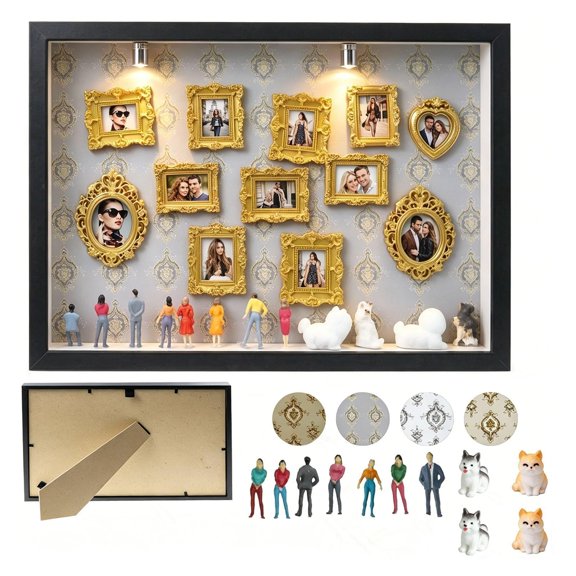 All-in-One DIY Shadow Box Kit,Mini Gold Frames with Museum of Figurines | LED-Illuminated Silhouette Box Memory Collage | Anniversary/Wedding Eco-Friendly Decor Gift (F1 Style)
