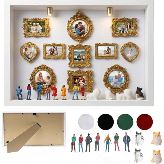 All-in-One DIY Shadow Box Kit,Mini Gold Frames with Museum of Figurines | LED-Illuminated Silhouette Memory Collage Anniversary/Wedding Eco-Friendly Decor Gift (B Style)