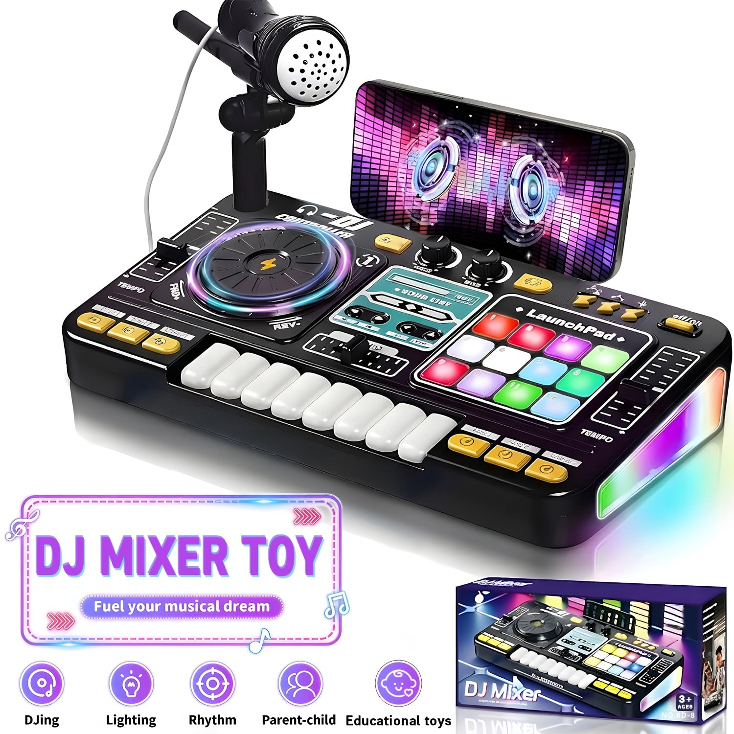 All-in-One DJ Mixing Controller with Electric Keyboard, Sound Effects & Recording Functions for Kids