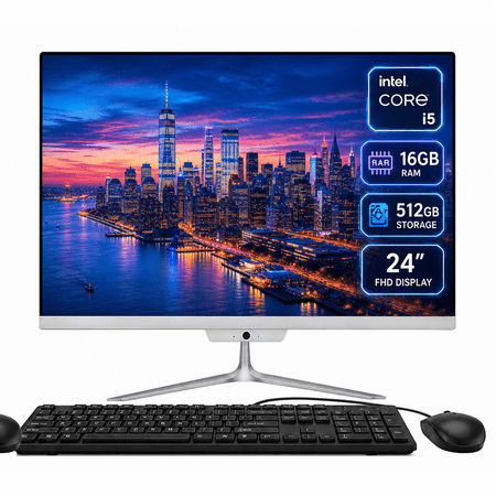 All-in-One Desktop 24" FHD Intel Core i5 up to 3.6GHz, 16GB RAM 512GB SSD, Built-in HD Webcam 2.1 Speakers, Windows 10 White with Wired Keyboard & Mouse