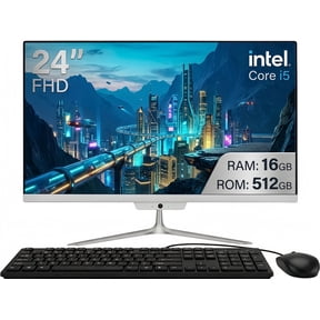 All-in-One Desktop, 24" FHD Intel Core i5 up to 3.7GHz, 16GB RAM, 512GB SSD, Built-in HD Webcam, Win 10, White (Mouse & Keyboard)