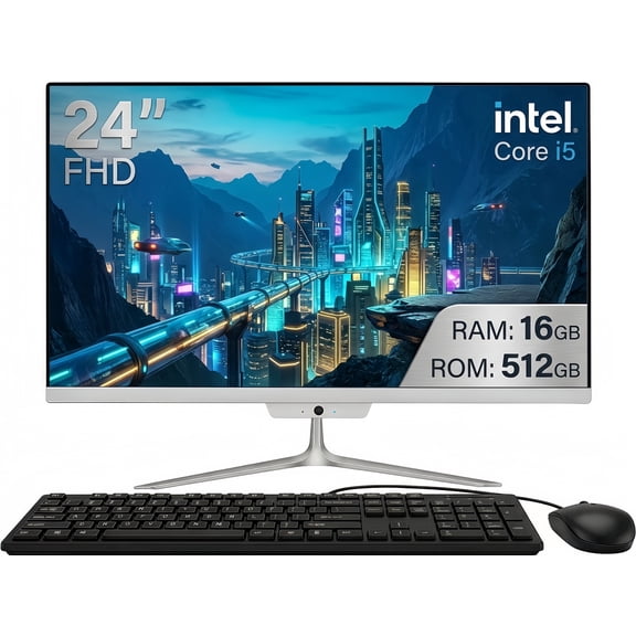 All-in-One Desktop, 24" FHD Intel Core i5 up to 3.6GHz, 16GB RAM, 512GB SSD, Built-in HD Webcam, Win 10, White (Mouse & Keyboard)