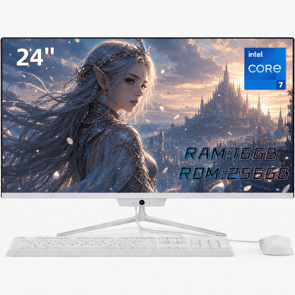 All-in-One Desktop Computer 24" FHD , Intel Core i7 Up to 4.0GHz, 16GB RAM 256GB SSD, Windows 10, Plug & Play Wired Keyboard & Mouse, White