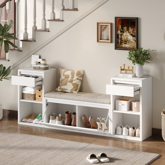 All-in-One Entryway Storage Bench with Cushion, Flip-Top Compartments, Drawers & Open Shelves, Solid Pine Wood & MDF, 77.5″ L, Hallway Mudroom Living Room Organizer