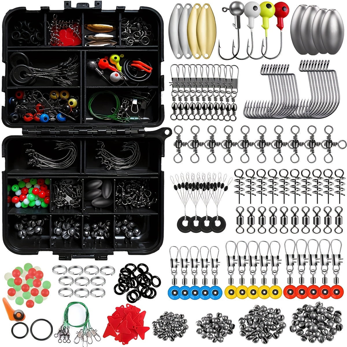 All-in-One Fishing Accessory Kit with Tackle Box, Lead-Head Jigs, Fish Hooks, Sinker Weights, Connectors and Swivels, Portable Fishing Gear for Freshwater Saltwater Angling