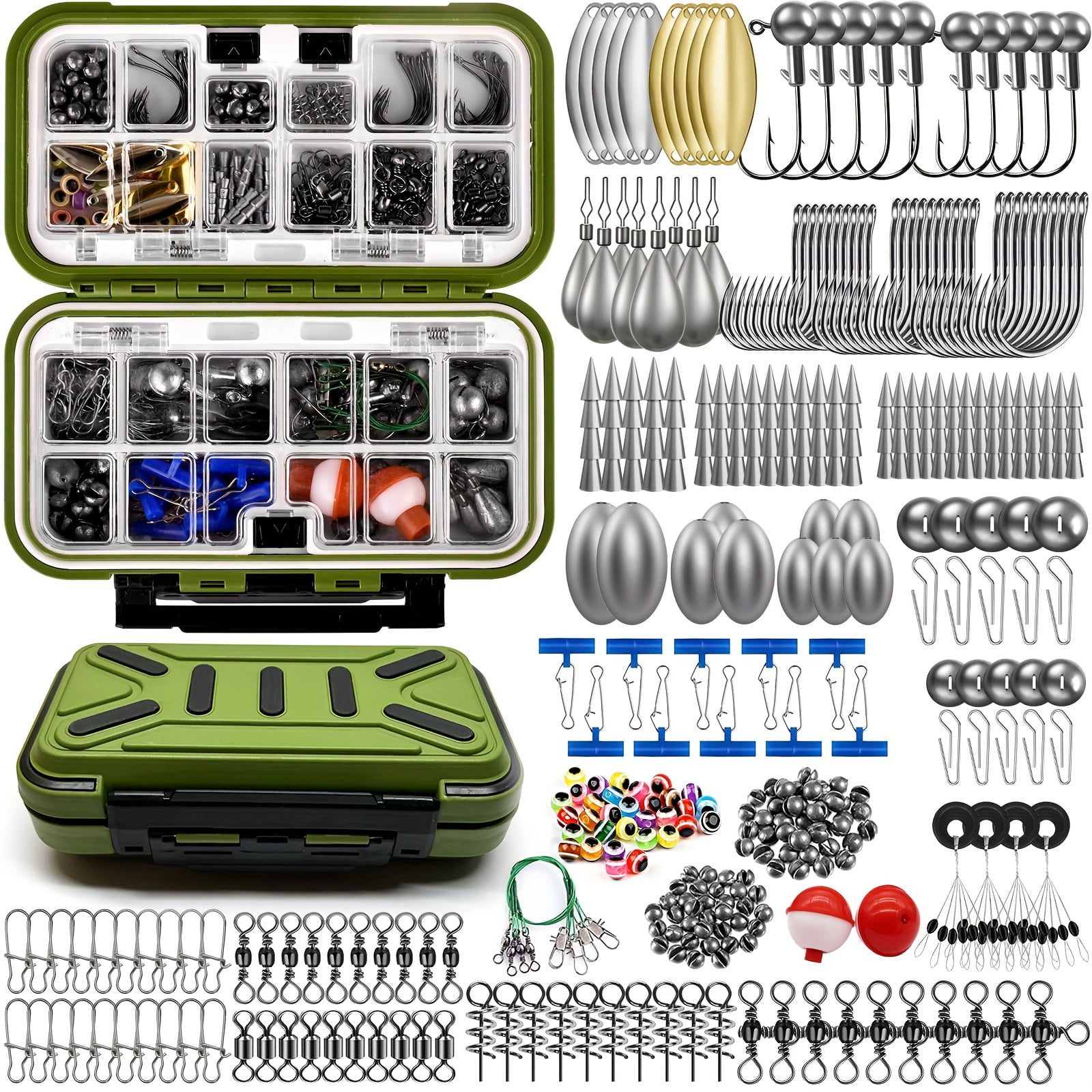 All-in-One Fishing Accessory Kit with Tackle Box, Lead-Head Jigs, Fish Hooks, Sinker Weights, Connectors and Swivels, Portable Fishing Gear for Freshwater Saltwater Angling