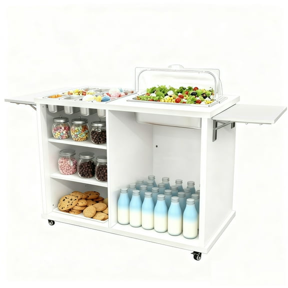 All-in-One Foldable Kitchen Island Cart with Stainless Steel Basin, Commercial Mobile Serving Cart for Outdoor BBQ, Backyard Parties, Small Business and Wedding Events