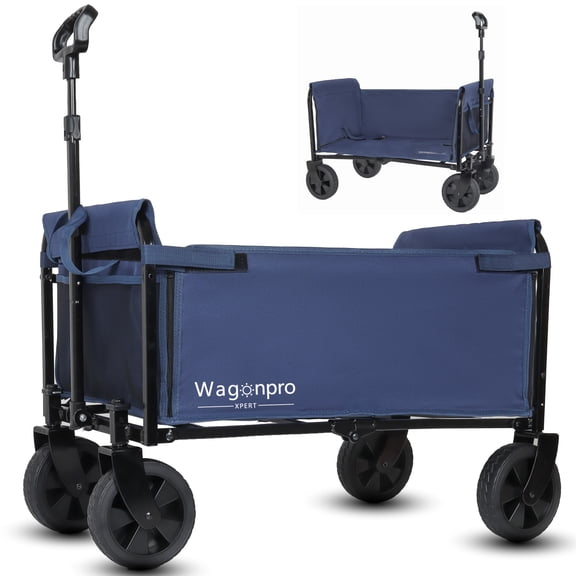 All-in-One Foldable Wagon with All-Terrain Wheels and Dog Leash, Utility Beach Cart with Adjustable Handle, Heavy Duty Trolley for Outdoor Garden Camping Beach, Dark Blue