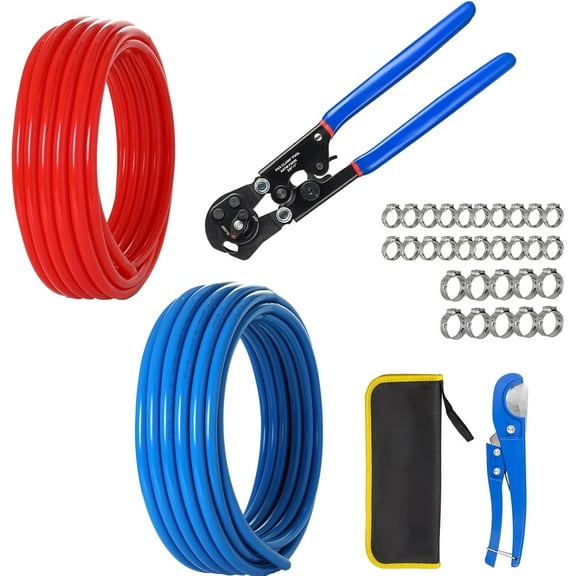 (All-in-One) GUOFIS PEX Pipe Plumbing Kit: 3/4" x 200ft Red Blue PEX Tubing with 2-in-1 Ratchet Removing Pex Cinch Crimping Tool, 30 Stainless Steel Clamps & Pipe Cutter for DIY Installation
